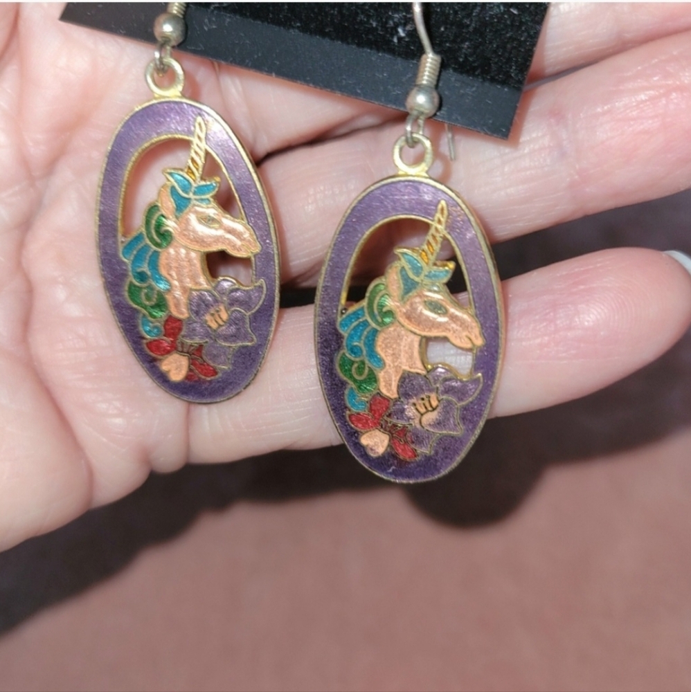 Vintage Cloisonne Enamel Unicorn Dangle Earrings In Purple Green Gold